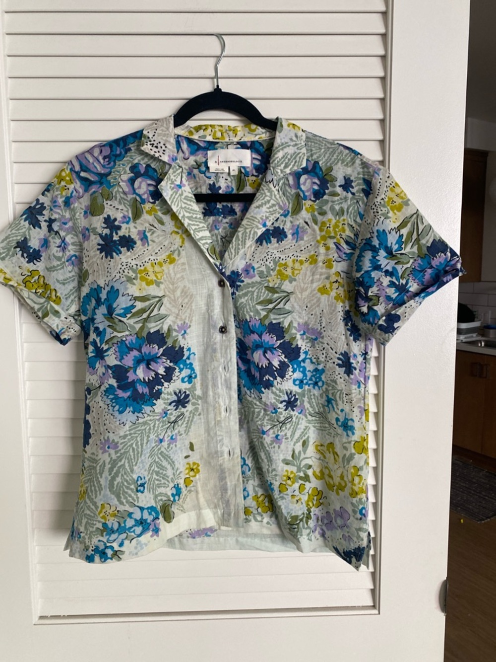 Anthropologie Floral Short-Sleeve Button-Down Shirt - Blue, Green & Purple